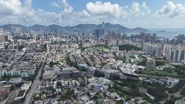 City Aerial Skyview in Hong Kong premium residential area Kowloon Tong Waterloo Road Lung Cheung Road Prince Edward Peninsula near Lion Rock, Victoria Harbour Financial Central District