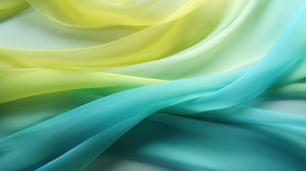 Abstract waves of multicolored satin fabric in blue, green, and yellow, evoking a playful and dynamic textile motion.