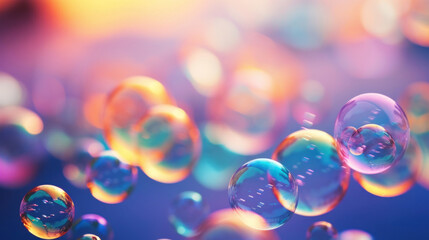 A diverse cluster of soap bubbles illuminated by the warm glow of sunlight against a vivid backdrop. - obrazy, fototapety, plakaty