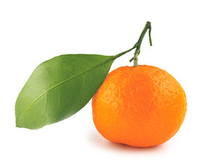 Ripe juicy tangerine isolated on a white background. Organic tangerine with green leaf. Mandarin.