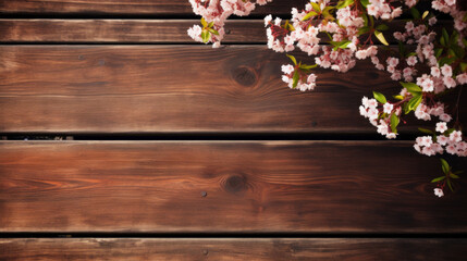 Fototapeta na wymiar Delicate cherry blossoms spread over a rustic wooden table, offering a natural and traditional feel.