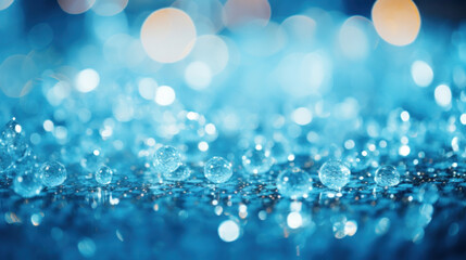 Close-up of glistening water droplets on a blue surface, with soft bokeh lights creating a tranquil ambiance.