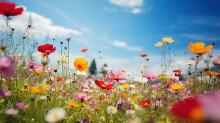 Vibrant wildflowers of various colors bloom in a sunlit meadow under a clear blue sky.