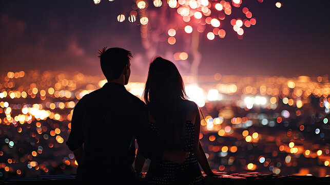couple lean against and watching fireworks