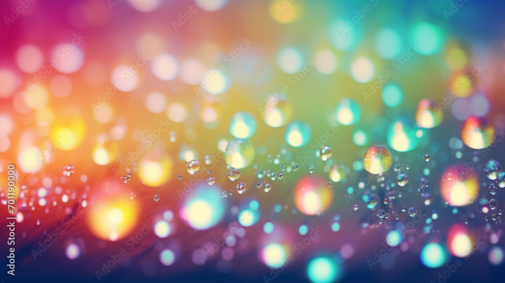 Poster abstract pattern of water droplets on a vibrant surface, shimmering with colorful bokeh lights and d