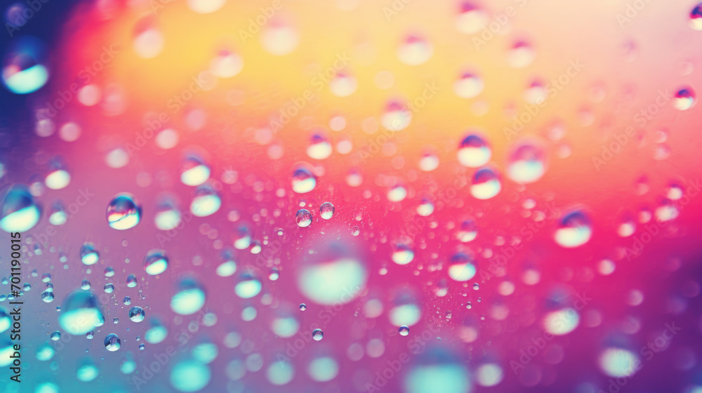 Poster raindrops on a window create a natural filter through which a rainbow color spectrum is visible, evo