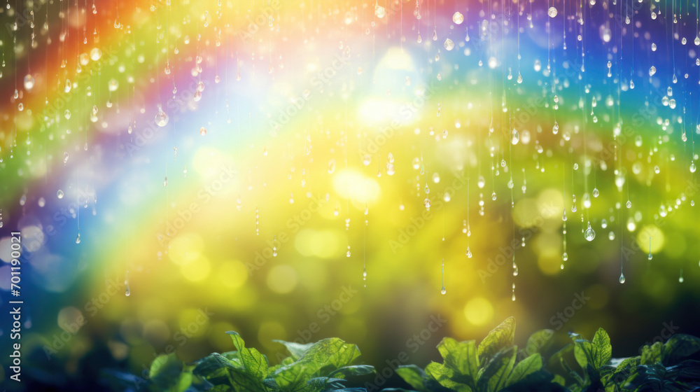 Poster raindrops on a window create a natural filter through which a rainbow color spectrum is visible, evo