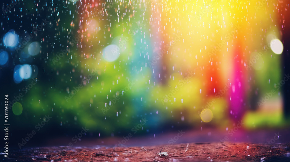 Poster close-up view of raindrops falling against a backdrop of colorful bokeh lights, creating a vibrant, 