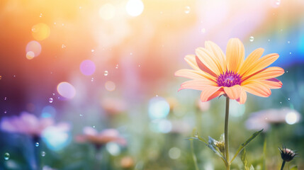 A single orange daisy stands out with morning dew against a dreamy backdrop illuminated by rainbow bokeh lights.