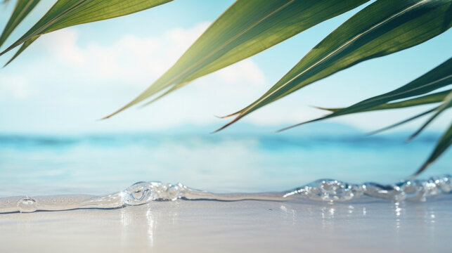 Tranquil tropical beach view through palm leaves, with crystal clear water gently lapping the shore, evoking a serene getaway.