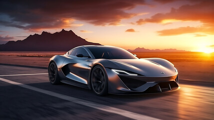  unbranded gray sports car with light effect. race track and sunset background - obrazy, fototapety, plakaty