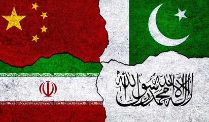 Flags of Taliban, Pakistan, Iran and China on a wall. Diplomatic relations between Pakistan Iran Afghanistan China
