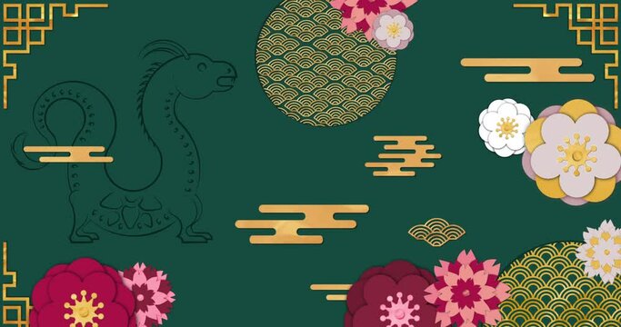 Animation of dragon sign and chinese pattern on green background