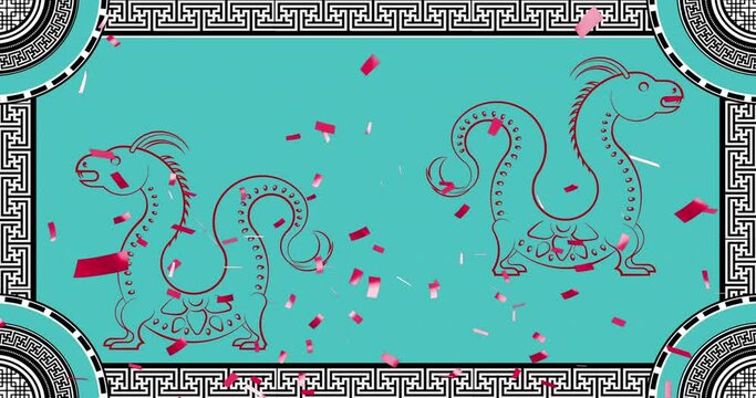 Animation of dragon signs and chinese pattern on blue background