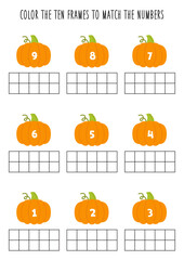 Color ten frames according to the numbers. Math worksheet for kids.