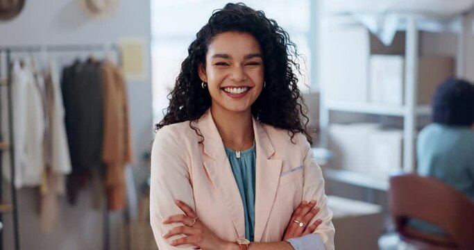 Designer woman, arms crossed and workshop for smile on face with pride for fashion, manufacturing or boutique. Entrepreneur, small business owner and portrait for clothes, factory or fabric in studio