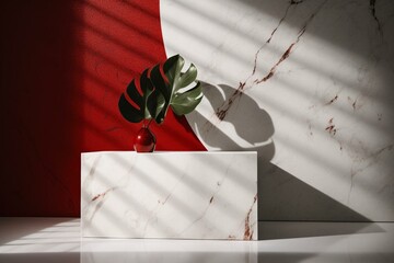 A sleek marble podium with leaf shadow against a white and red concrete wall, perfect for premium product presentations, displays, and mockups. Generative AI