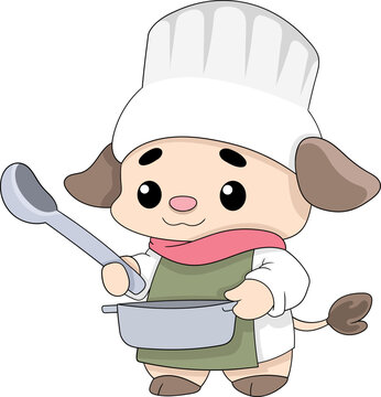 The cow chef is carrying a pot of dishes he has cooked