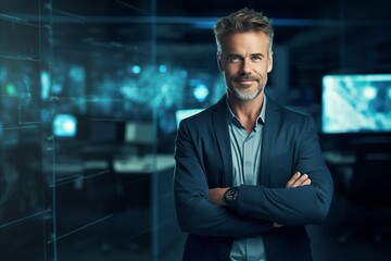Portrait of a handsome mature businessman standing with crossed arms and looking at camera. Technology and innovation concept.