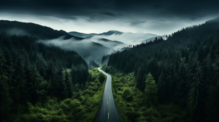 Aerial view of mountain road in green forest, Top view from drone of road in woods, Beautiful landscape with roadway in hills, pine trees, generative ai. - Powered by Adobe