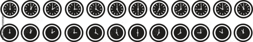 Aufkleber vectors time and clock icons set. analog clock symbols in trendy fill style notifying hours isolated