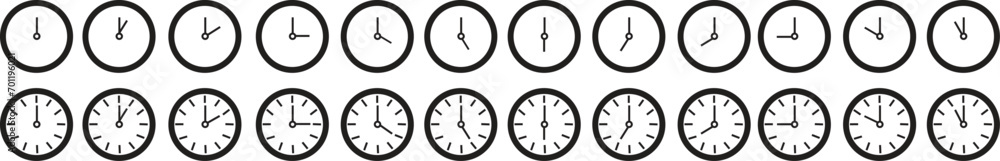 Poster vector time and clock icons set. analog clock symbols in trendy linear style editable stock notifyin