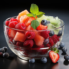 Vibrant and refreshing fruit salad arranged in glass bowl