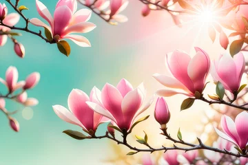 Poster Closeup of blooming magnolia tree in the spring sun rays in spring. © elena_hramowa