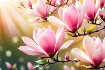 Closeup of blooming magnolia tree in the spring sun rays in spring.
