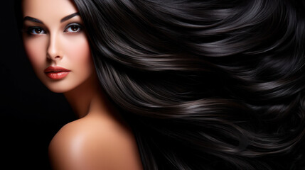 Fototapeta premium Beautiful brunette woman with long wavy coloring hair. Flat gray background.