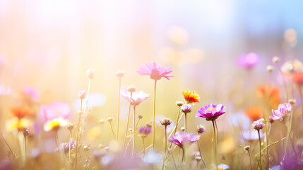 beautiful background of wildflowers in the soft rays of the sun