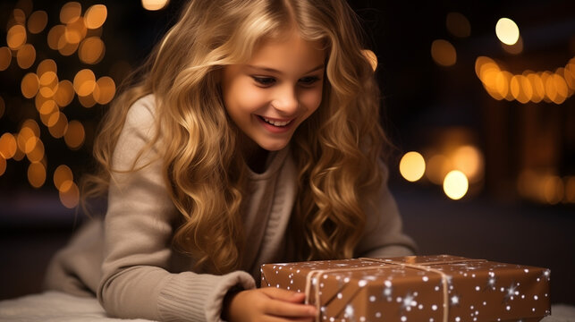 Astonished, ecstatic girl opens present box for Christmas and New Year's, inside view of the bottom of the carton box client satisfaction and favorable comments. Delivery and internet-based purchasin