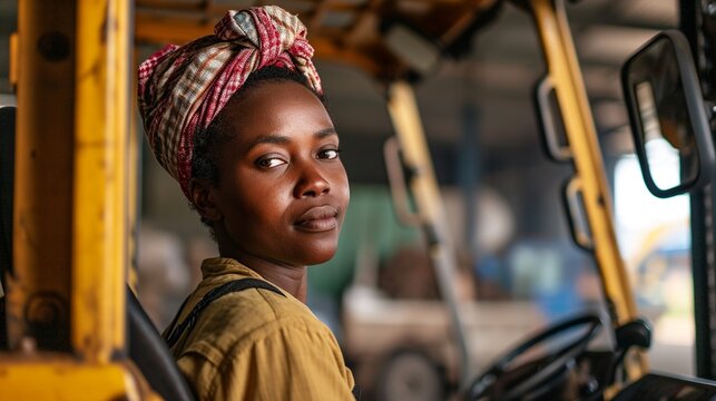 American Black Women Labor Worker At Forklift Driver Happy Working In Industry Factory Logistic Shipping Warehouse.