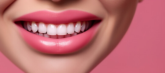 Perfect white teeth smile of a young woman with pink lips, close up. The result of the teeth whitening procedure. Oral care dentistry concept. Tooth whitening, female toothy veneer smile. Stomatology.
