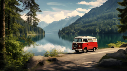 A campervan under the trees and on the edge of a calm lake with charming mountain views
