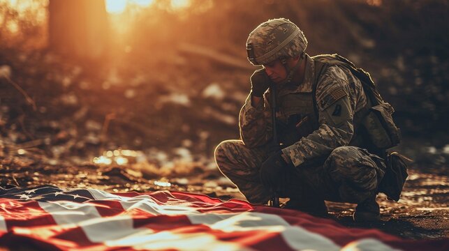 american soldier mourning and praying with the american flag in front of him