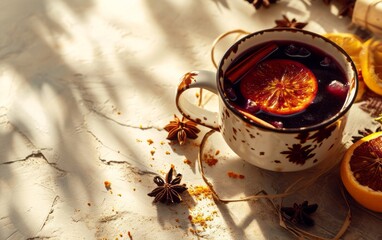 Obraz na płótnie Canvas Sundrenched aromatic hot mulled wine in a mug with spices and lemon. Aerial view. Traditional hot winter drink. Top view of mulled wine with cinnamon anise and lemon in a glass on the table.