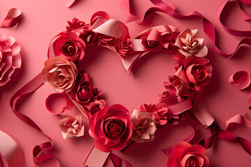 Hearts, ribbon and paper roses on pink. Background for Valentine`s and mother`s day.