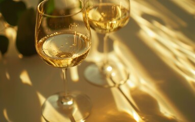 Sundrenched two wine glasses. Aerial view. Beige colors. Concept of wine tasting