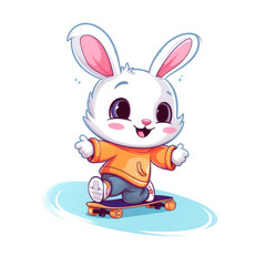 Obraz premium Cute rabbit cartoon character happily skateboarding on white background, for sticker or t-shirt design