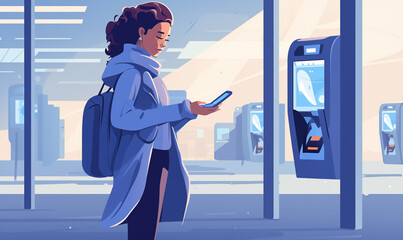 Woman paying with mobile phone for tickets at train station. Lady uses her cell phone to pay for travel at bus station. Woman in journey, contactless payment concept illustration.