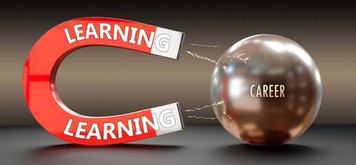 Learning attracts Career. A metaphor showing learning as a big magnet that attracts career. Cause and effect relationship between them.,3d illustration