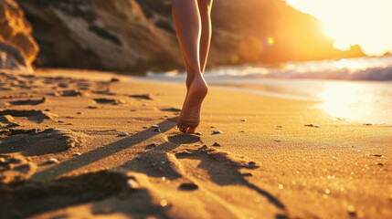 Closeup of woman feet walking on sand beach - obrazy, fototapety, plakaty