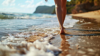 Closeup of woman feet walking on sand beach - Powered by Adobe