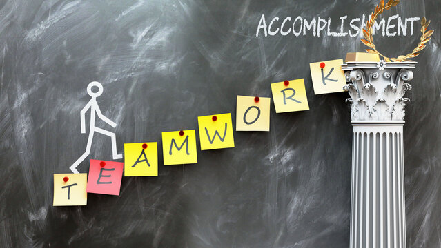 Teamwork leads to Accomplishment - a metaphor showing how teamwork makes the way to reach desired accomplishment. Symbolizes the importance of teamwork.,3d illustration