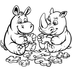 Obraz na płótnie Canvas coloring pages of rhino and hippo playing puzzle