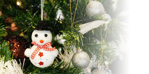 Snowman on Christmas tree on white background, Merry Christmas and Happy Holidays greeting card, frame, banner. New Year. Winter holiday theme concepts.