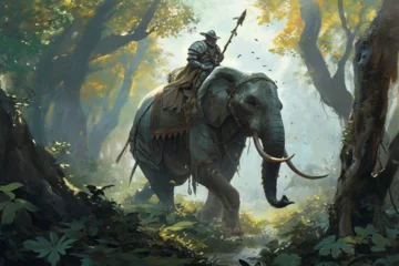 Fototapete Schmetterlinge im Grunge illustration of a forest elephant knight