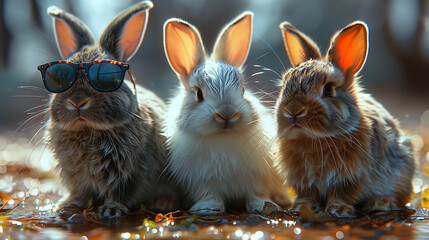 raw of cute rabbits wearing sunglasses