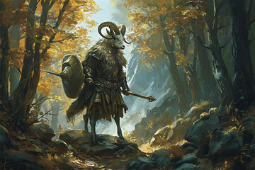illustration of the forest goat knight - obrazy, fototapety, plakaty